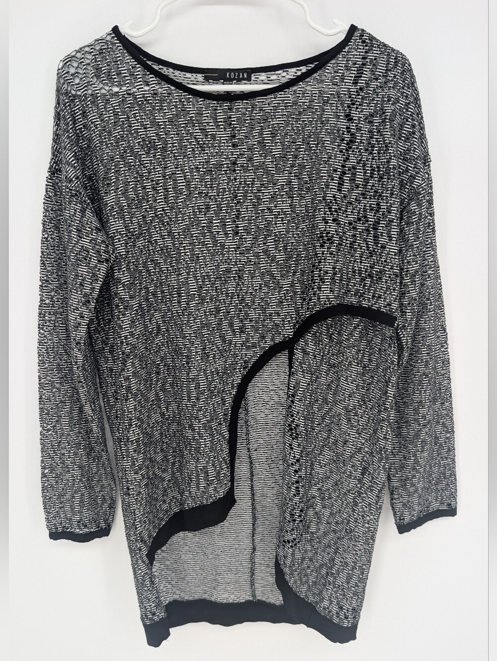 KOZAN Layering Tunic Top S Black White Open Knit Mesh Asymmetrical Art To Wear